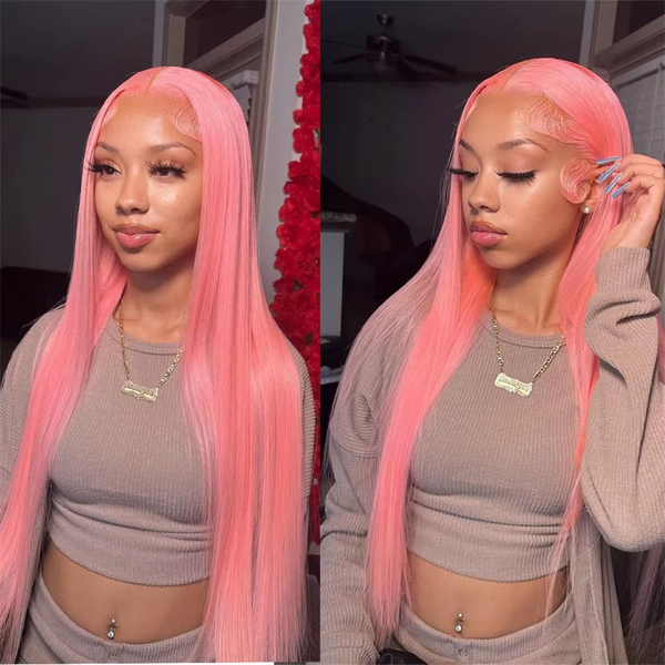 Beeos Hot Pink Silky Straight Transparent Lace 13X6 Full Frontal Wig Pre Plucked Hairline ZH035