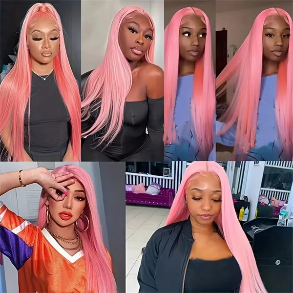 Beeos Hot Pink Silky Straight Transparent Lace 13X6 Full Frontal Wig Pre Plucked Hairline ZH035