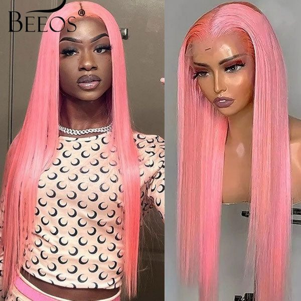 Beeos Hot Pink Silky Straight Transparent Lace 13X6 Full Frontal Wig Pre Plucked Hairline ZH035